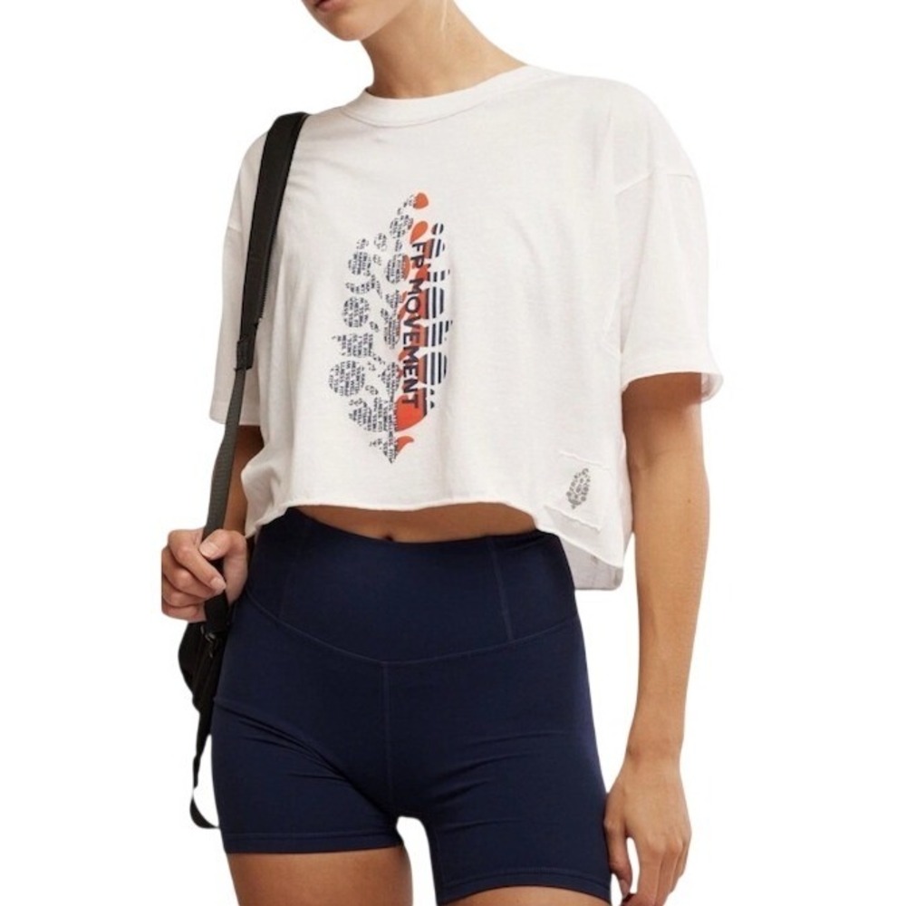 NWOT Free People Movement White Cropped Graphic Tee Shirt Boxy XL
